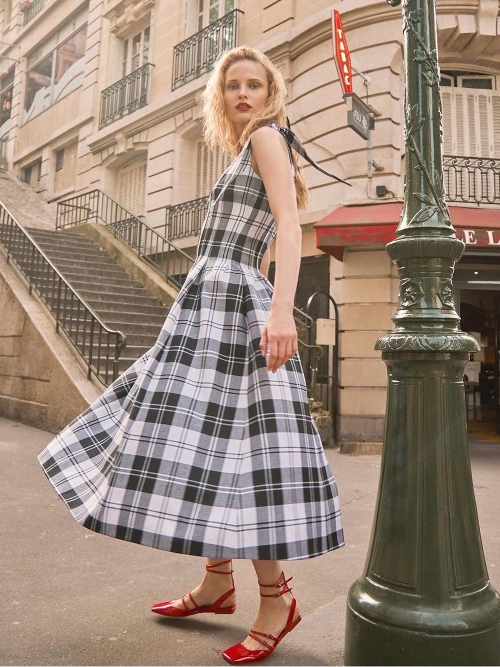 Hunter Bell Braden Plaid Virgin Wool Maxi Dress Black White Size 6